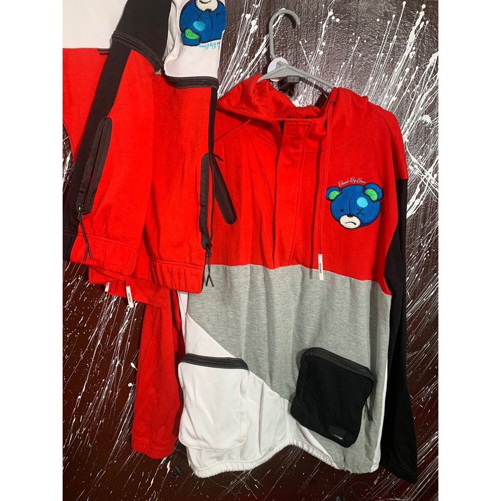 Civilized Raised By Bears Colorblock Hoodie Mens 3XL Red Grey Streetwear Patch